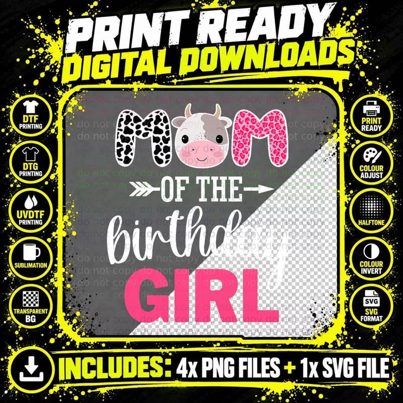 Mom of the Birthday Girl Farm Cow Mommy Mama Mother 1st Png SVG Digital Bundle