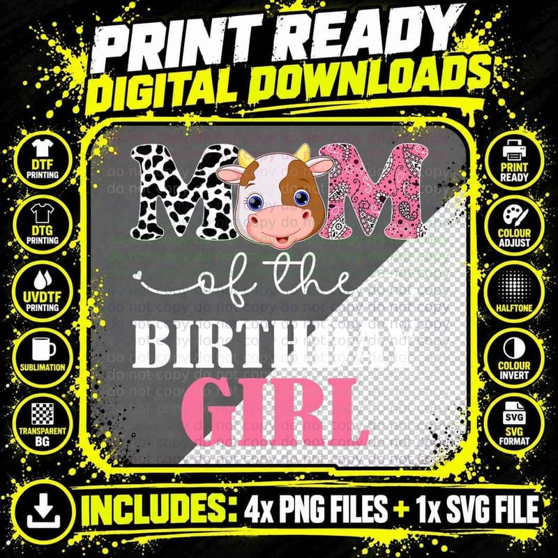 Mom of the Birthday for Girl Tee Farm Cow Mommy Mama 1st Png SVG Digital Bundle