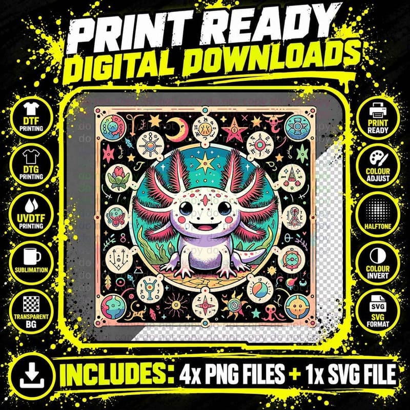 Mystical Axolotl Tarot Card Vibrant Cartoon Art T-Shirt Png SVG Digital Bundle
