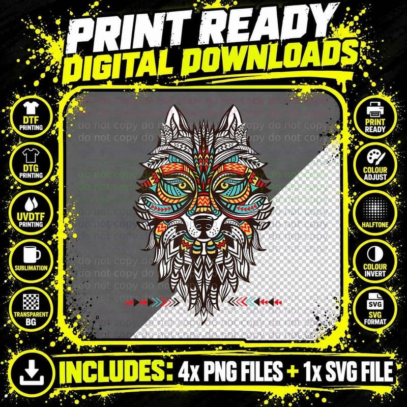 Native American Wolf Tribal Art Spirit Animal Spiritual Png SVG Digital Bundle