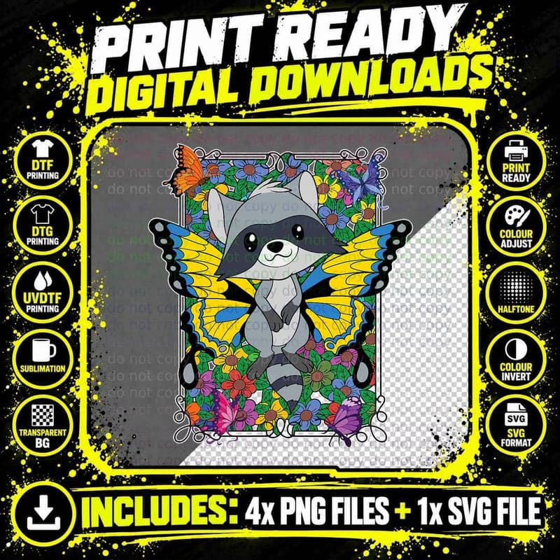 Nature Insect Butterfly Cute Animal Trash Panda Raccoon Png SVG Digital Bundle