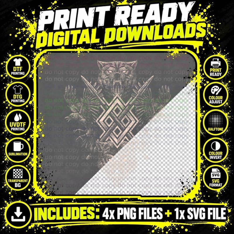 Norse Viking Wolf Raven of Odin with Pagan Gungnir Png SVG Digital Bundle