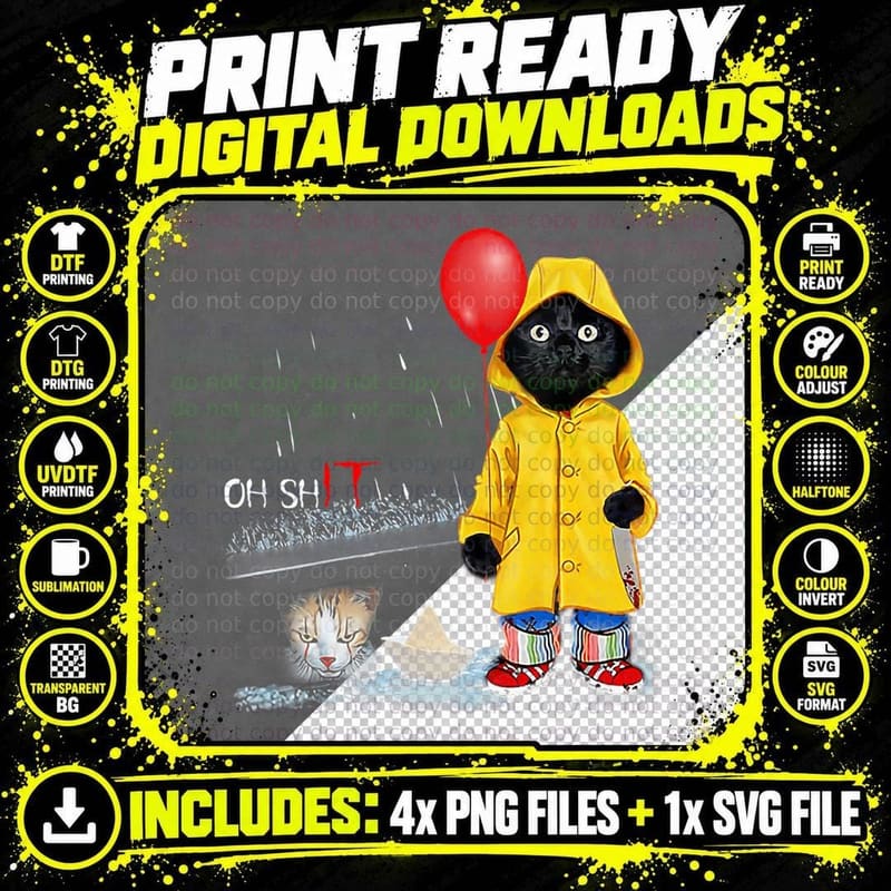 Oh Shit Cat Clown Cat Wear Raincoat T-Shirt, Lover Tee Png SVG Digital Bundle