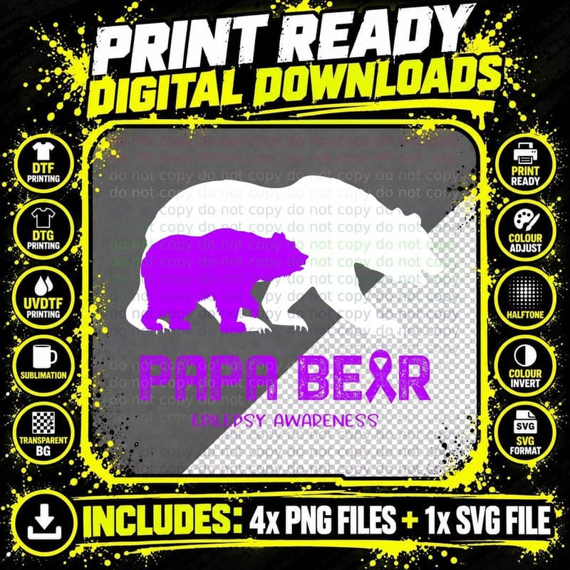 Papa Bear Support Epilepsy Awareness T-Shirt Png SVG Digital Bundle