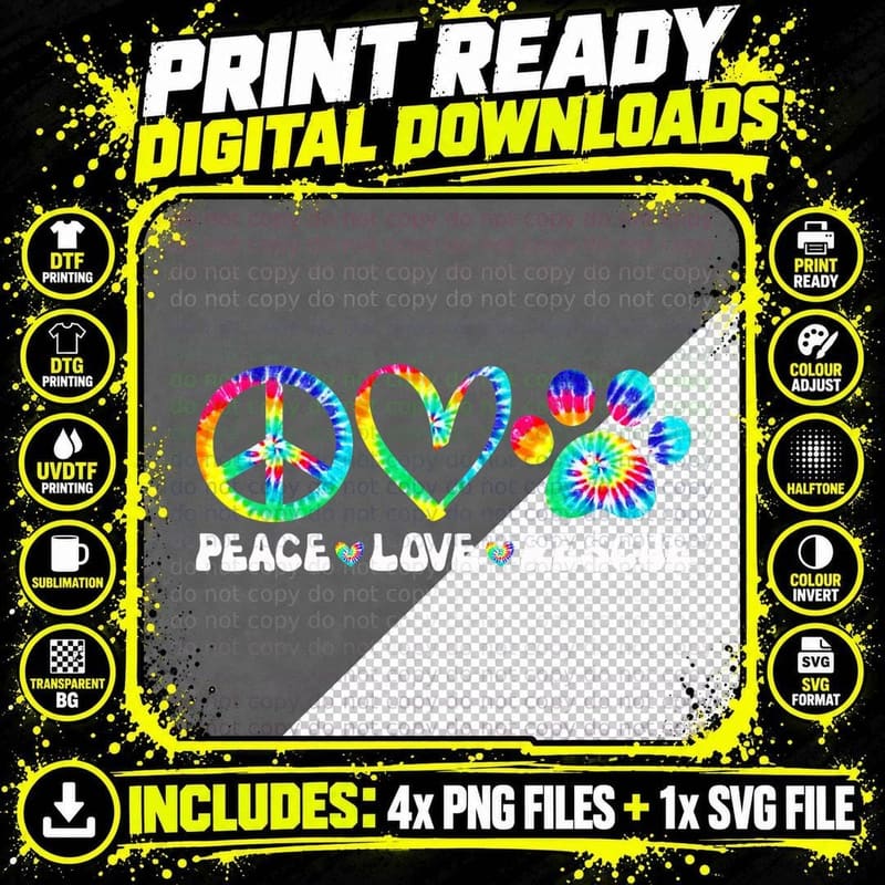 Peace Love Rescue Dog Paws Tie Dye Rainbow Animals Png SVG Digital Bundle
