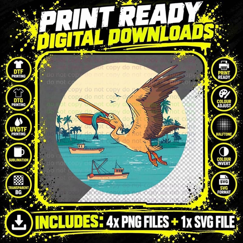 Pelican Bird Island Boat Fish Catch Tropical Bird Animal Png SVG Digital Bundle