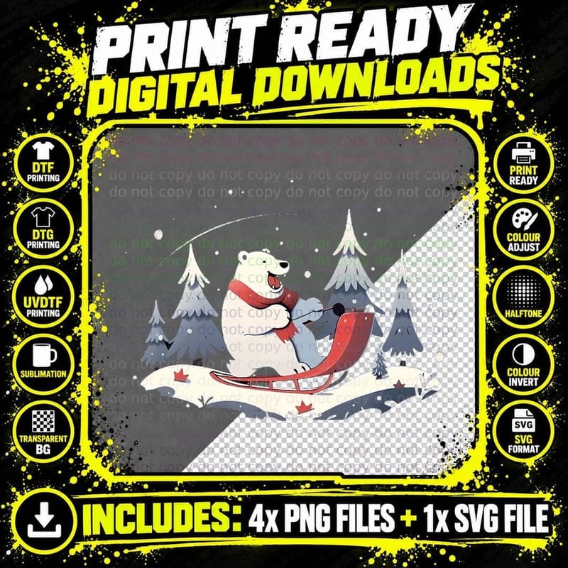 Polar Bear Riding Sled Sledge Sleighing Snow Sledging Png SVG Digital Bundle
