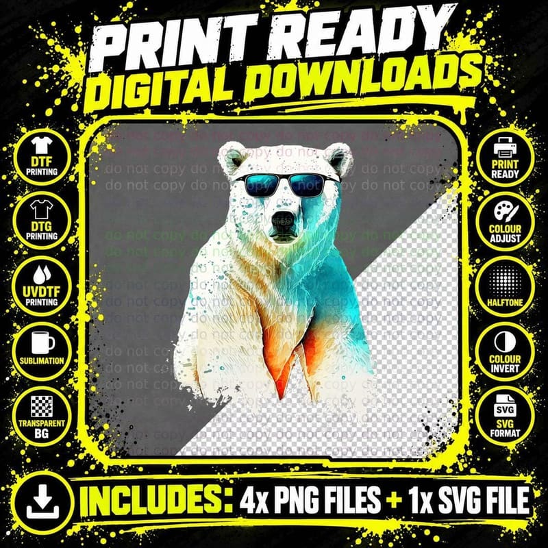 Polar Bear in Sunglasses Graphic Funny T-Shirt Png SVG Digital Bundle