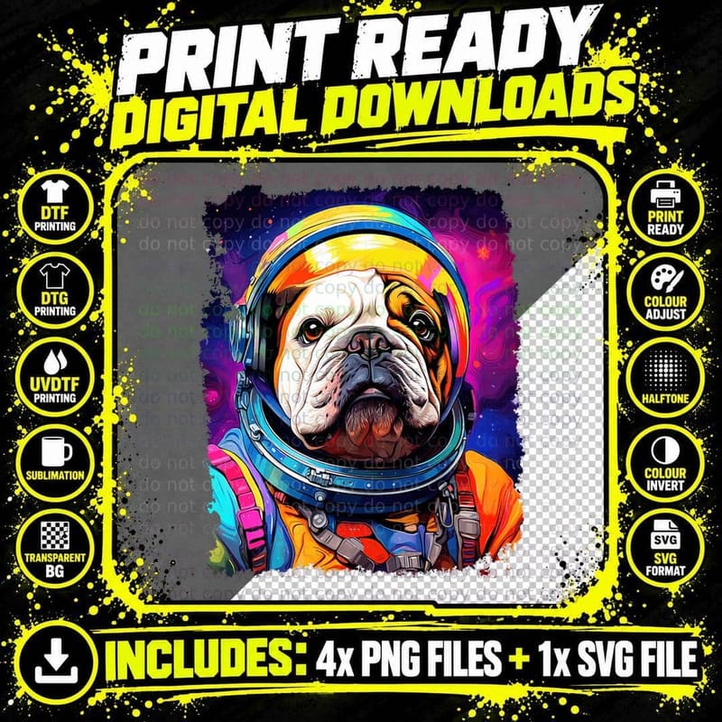 Pop Art Dog English Bulldog Space Astronaut T-Shirt Png SVG Digital Bundle