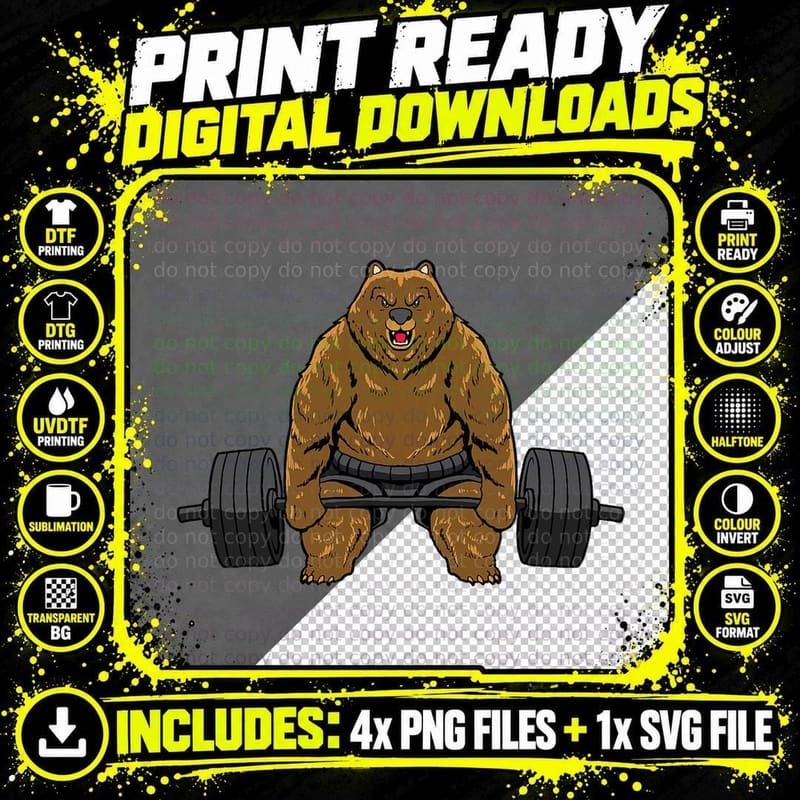 Powerlifter Weightlifting Barbell Deadlift Bear Png SVG Digital Bundle