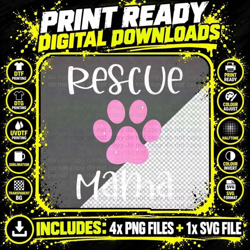 Proud Rescue Mama Paw Print Dog Cat Parent Mom Adoption Png SVG Digital Bundle