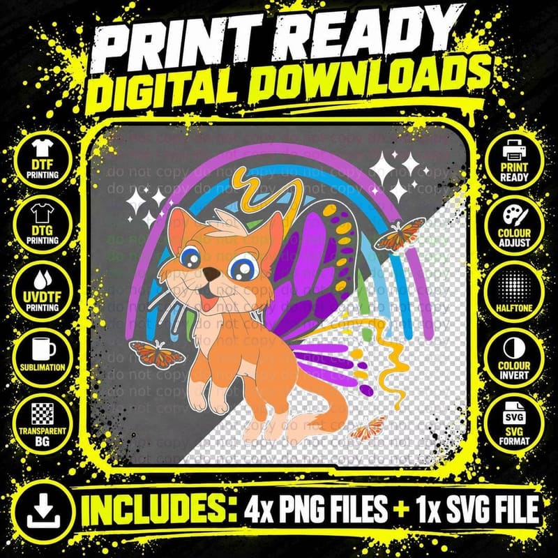 Rainbow Butterfly Cat Lover Pet Owner Fantasy Insect Cat Png SVG Digital Bundle