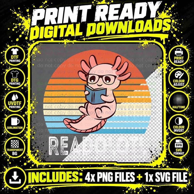 Readolotl Axolotl Reading Book Shirt Kids Youth Cute Png SVG Digital Bundle