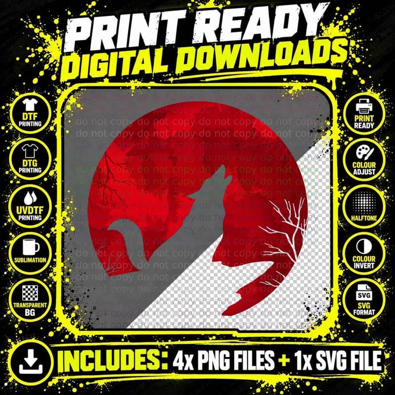 Red Moon Wildlife Predator Howling Gift Forest Animal Png SVG Digital Bundle