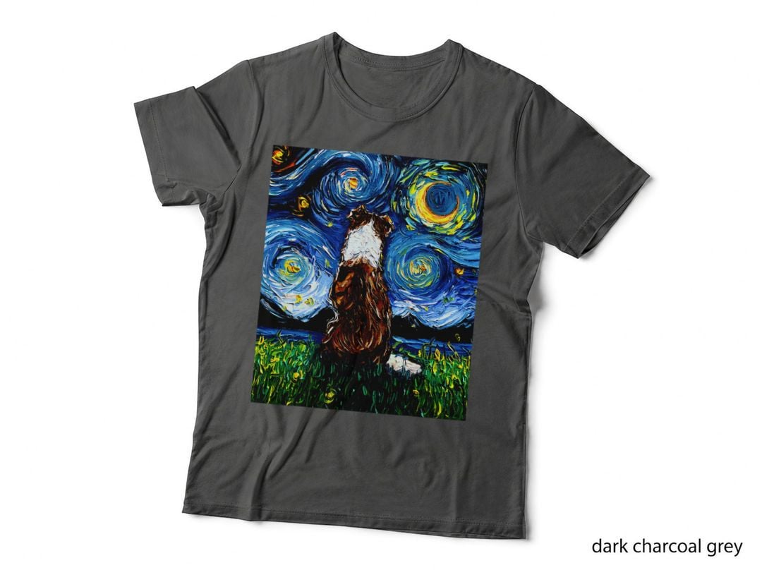 Red and White Border Collie Back, Starry Night Dog Art by Aja T-Shirt