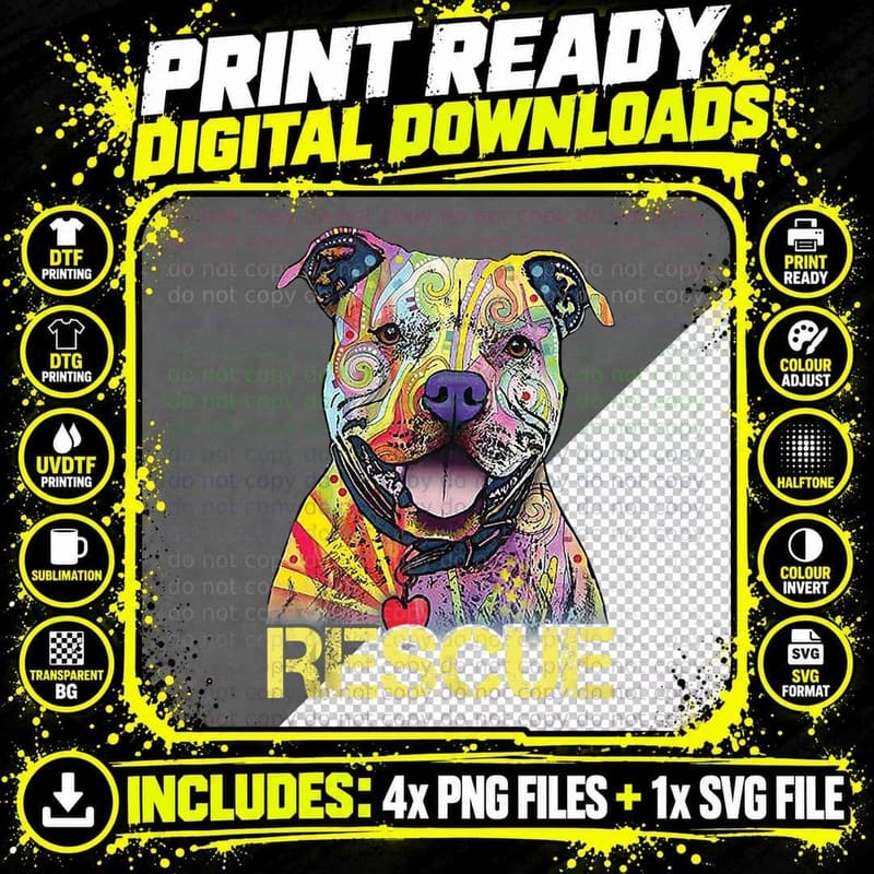 Rescue Dog Colorfull Pitbull Dog Adopt Don't Shop Png SVG Digital Bundle