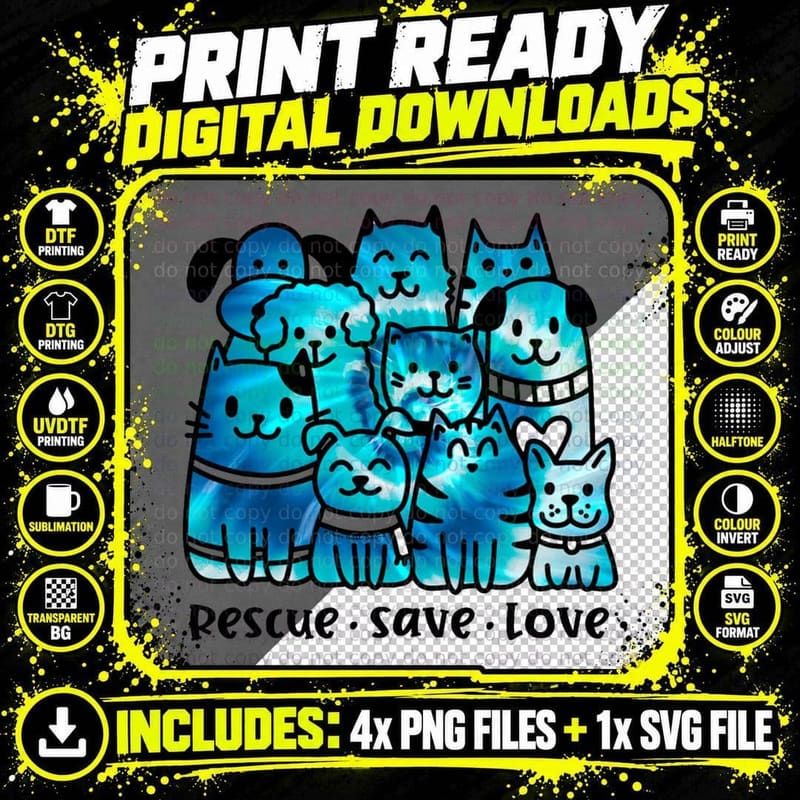 Rescue Save Love Cute Tie Dye Animal Rescue Dog Cat Png SVG Digital Bundle