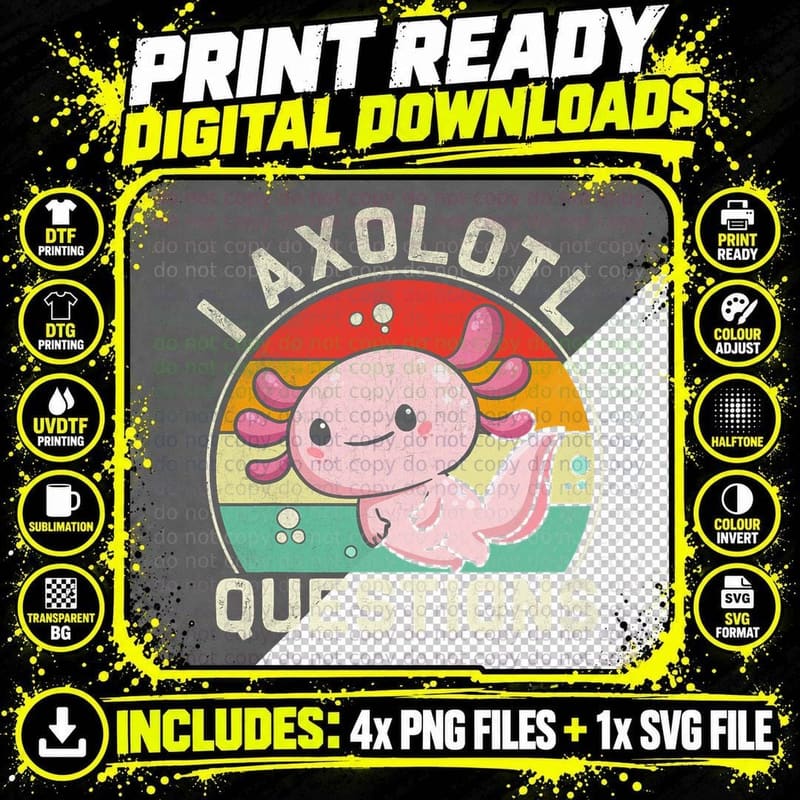 Retro I Axolotl Questions Cute Axolotl T-Shirt Png SVG Digital Bundle