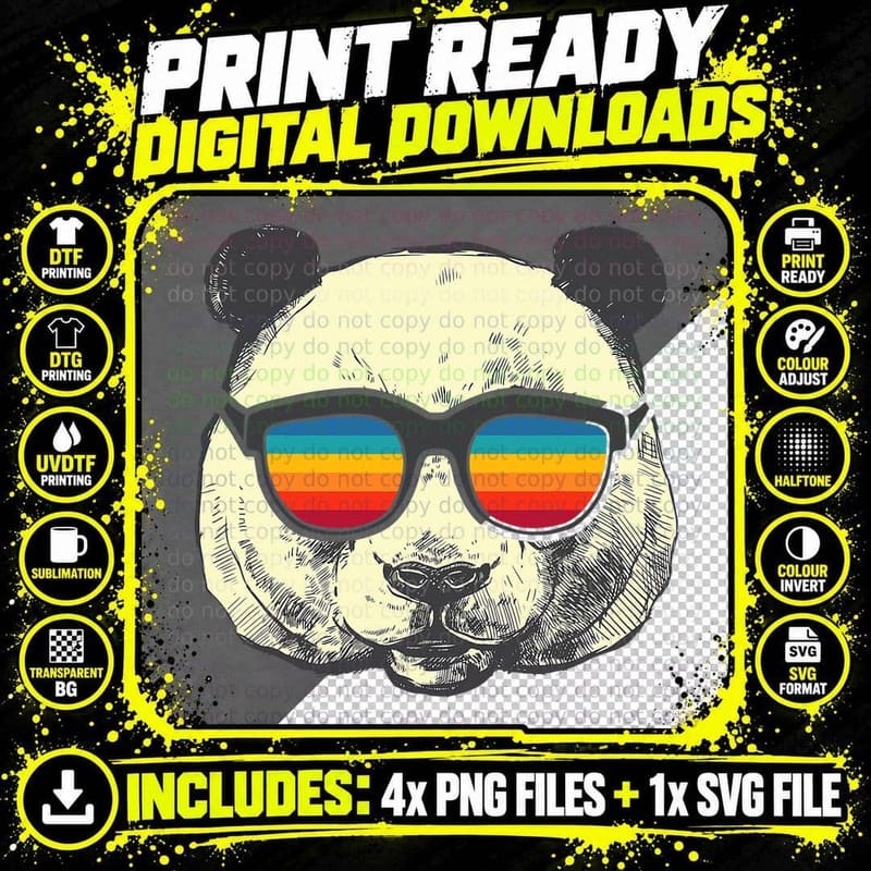 Retro Panda with Sunglasses T-Shirt Png SVG Digital Bundle