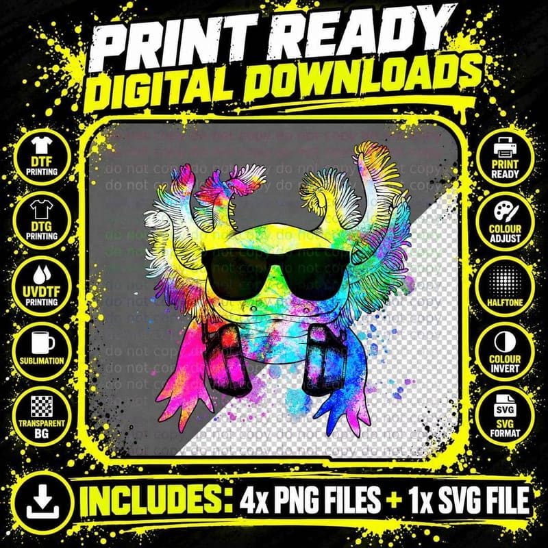 Retro Pop Art Axolotl Portrait with Headphones T-Shirt Png SVG Digital Bundle