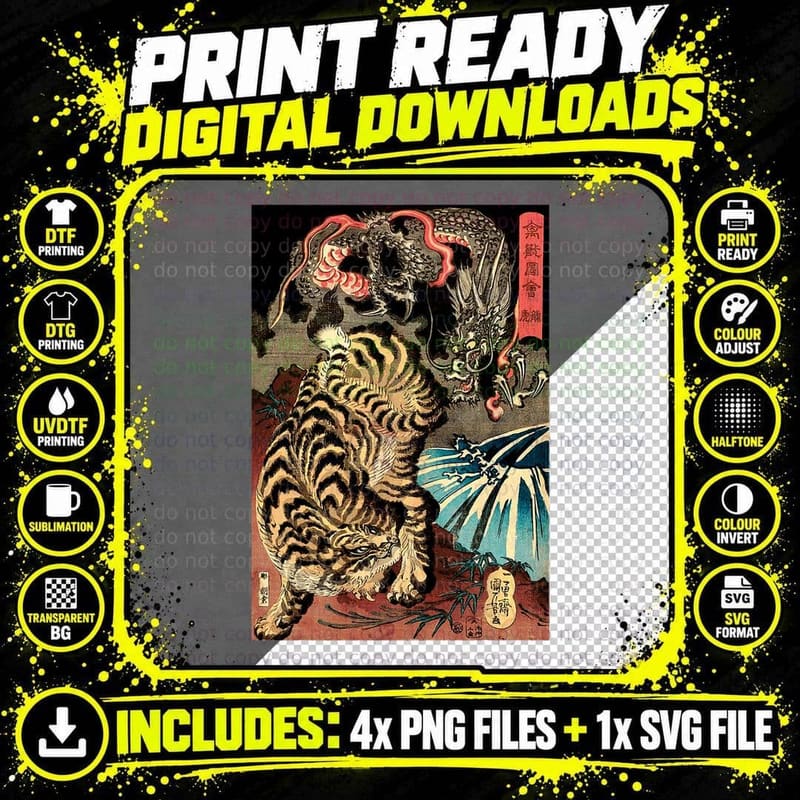 Retro Vintage Dragon Fighting the Giant Tiger Japanese Png SVG Digital Bundle