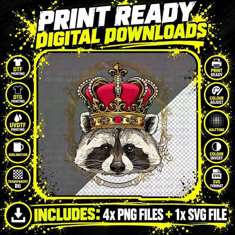Royal King Queen Raccoon Princess Trash Panda Raccoon Png SVG Digital Bundle