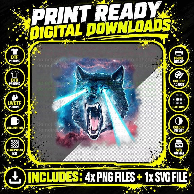 Scary White Wolf in Space Lasers Realistic Animal Print Png SVG Digital Bundle