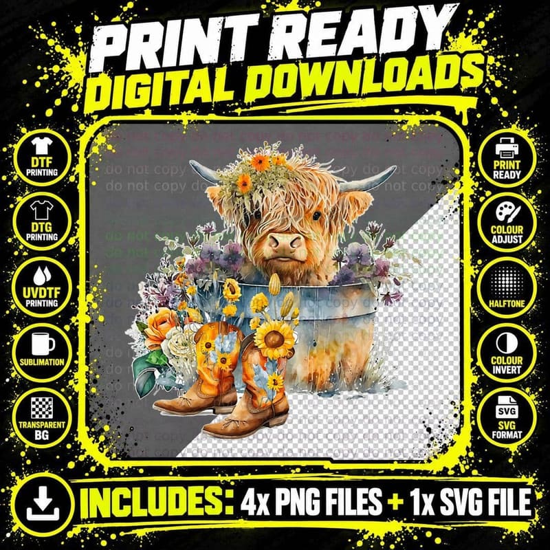 Scottish Highland Cow Cattle Farm Hairy Cowgirl Flower Png SVG Digital Bundle