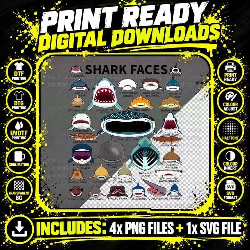 Shark Faces - Type of Shark - Shark Faces of All Kinds Png SVG Digital Bundle