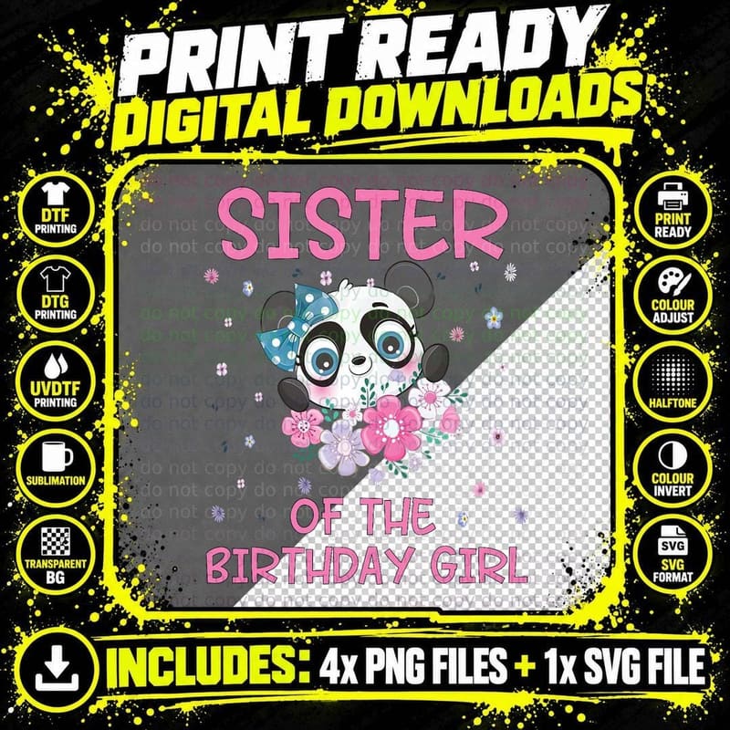 Sister of the Birthday Girl Panda Bear Party Matching Png SVG Digital Bundle