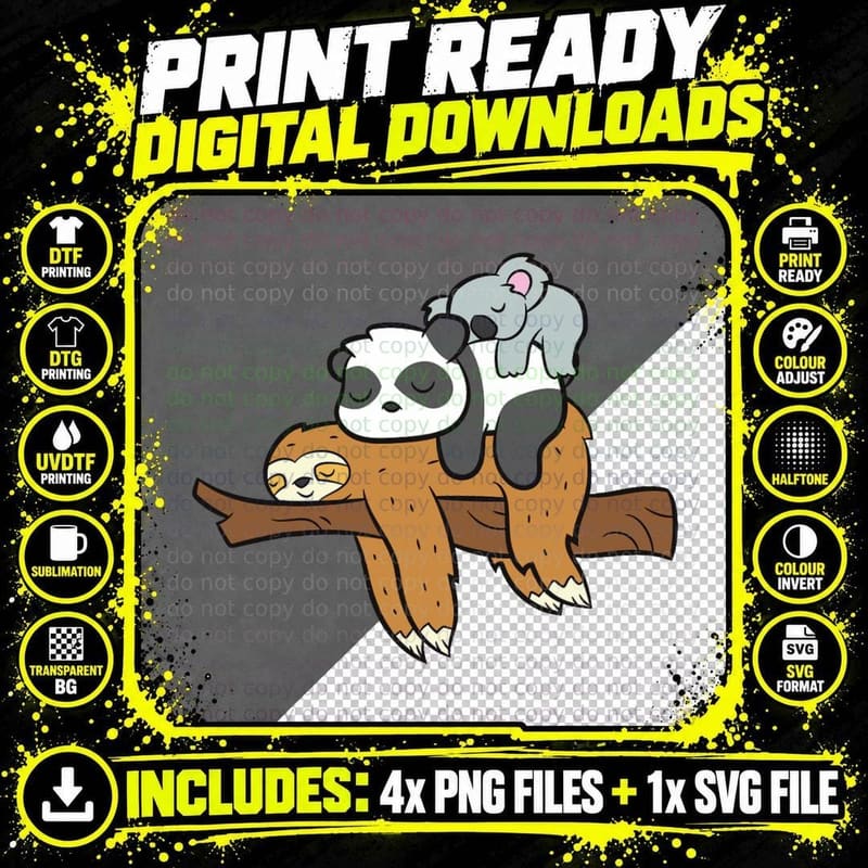 Sleeping Koala Sloth Panda Tired Sleeping Sloth Koala Png SVG Digital Bundle