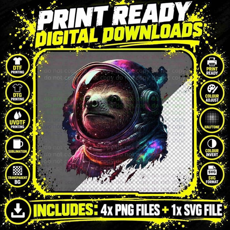 Sloth Astronaut in Space Suit Colorful Cosmos Explorer Png SVG Digital Bundle