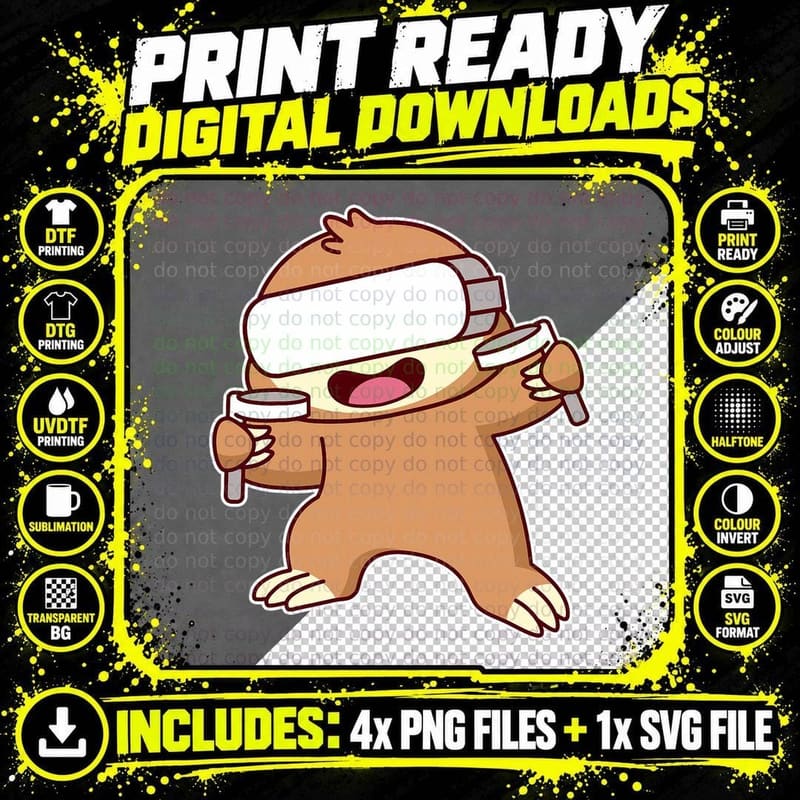 Sloth Playing VR - Virtual Reality Headset T-Shirt Png SVG Digital Bundle