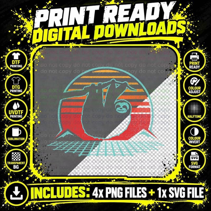 Sloth Retro Vintage 80s Style Zoologist Animal Lover Png SVG Digital Bundle