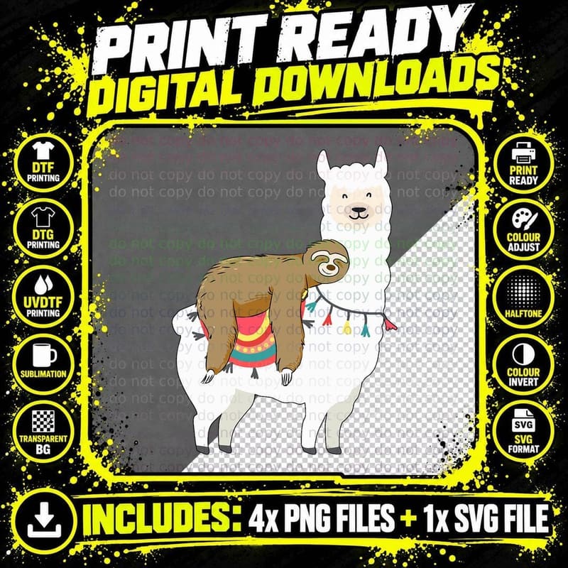 Sloth Riding Llama Funny Birthday Boy, Girl, Kid, Women Png SVG Digital Bundle