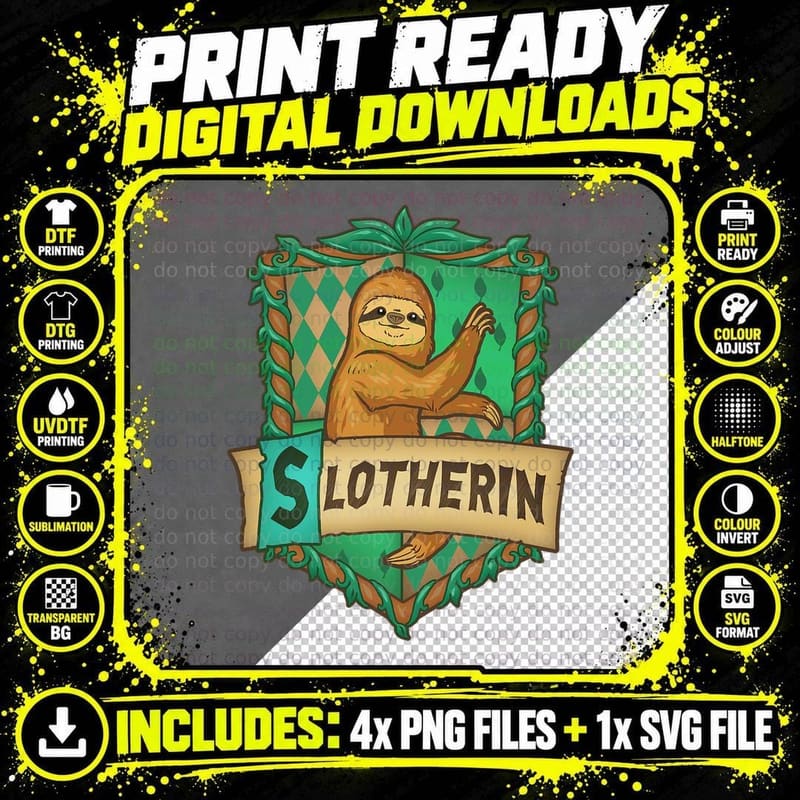 Sloth Slotherin, Lazy Sleepy Cute Wild Animals Png SVG Digital Bundle