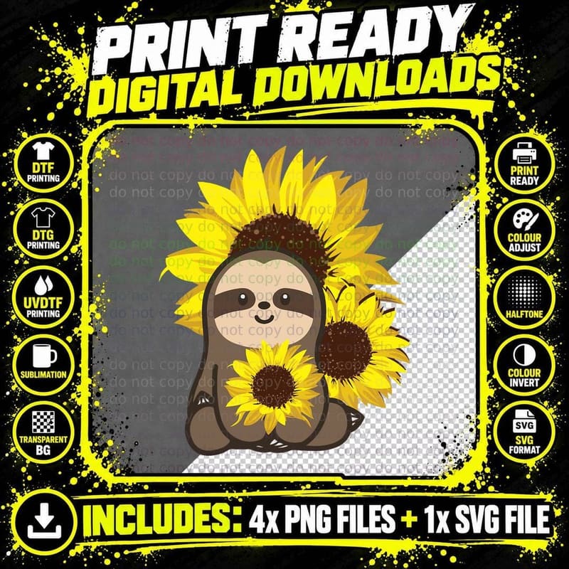 Sloth Sunflower Sloths Lazy Cute Animals Png SVG Digital Bundle