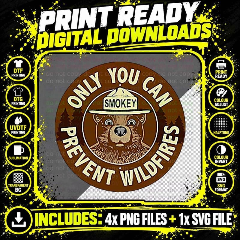 Smokey Only You Can Prevent Fires Front & Back Bear Png SVG Digital Bundle