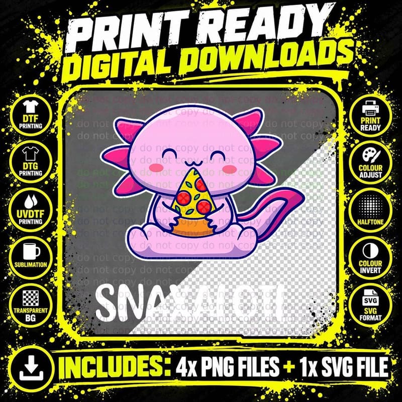 Snaxalotl Axolotl Cute Eating Pizza Snacks T-Shirt Png SVG Digital Bundle