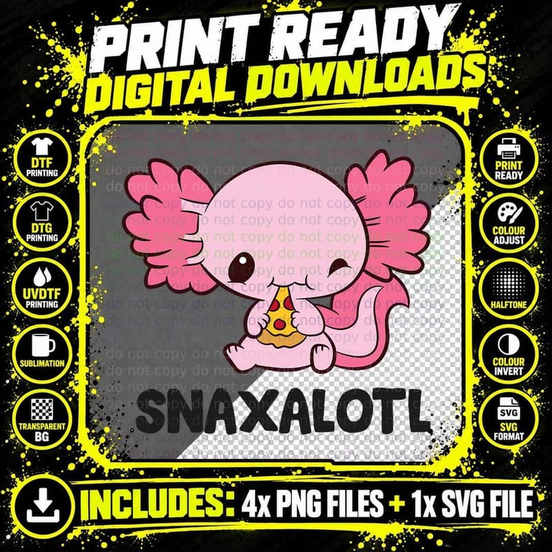 Snaxalotl Love Axolotls Cute Axolotl with Pizza T-Shirt Png SVG Digital Bundle