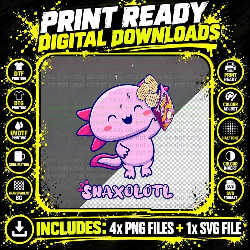 Snaxolotl Pink Axolotl with Snacks T-Shirt Png SVG Digital Bundle