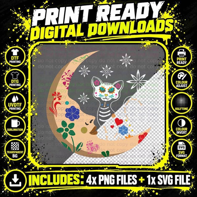 Souls Day Muertos Day of Dead Sugar Skull Moon Cat Png SVG Digital Bundle