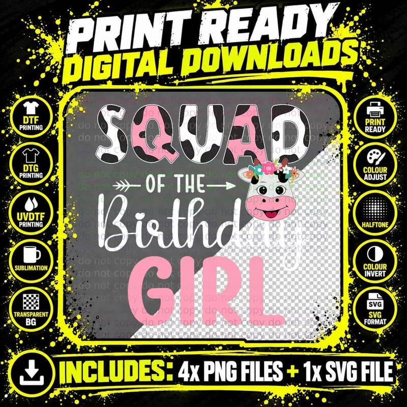 Squad of the Birthday Girl Farm Cow 1 St Birthday Girl Png SVG Digital Bundle