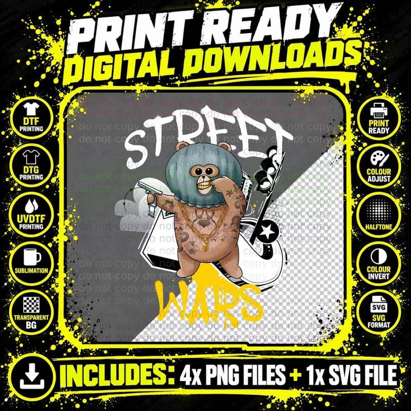 Street Wars Funny Teddy Gangster Bear T-Shirt Png SVG Digital Bundle