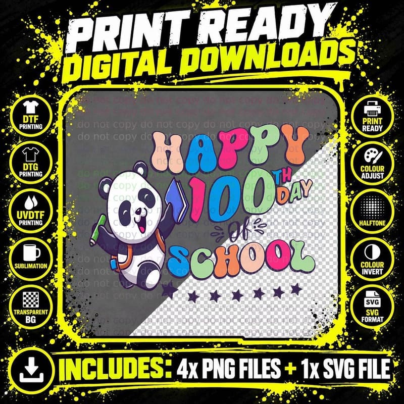 Student Teacher 100 Days Panda Happy 100th Day of School Png SVG Digital Bundle