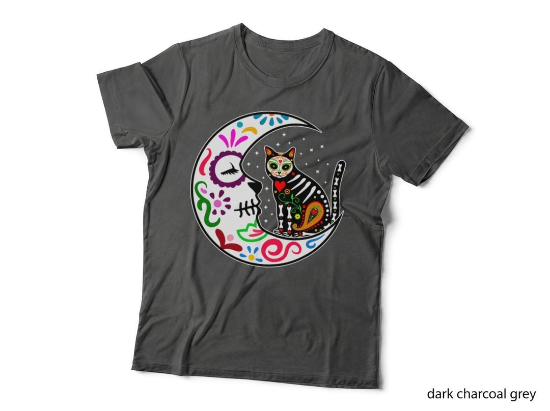 Sugar Skull Cat Moon Dia De Los Muertos Mexican Day of Dead T-Shirt