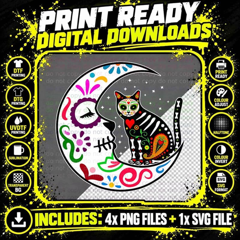 Sugar Skull Cat Moon Dia De Los Muertos Mexican Day of Png SVG Digital Bundle