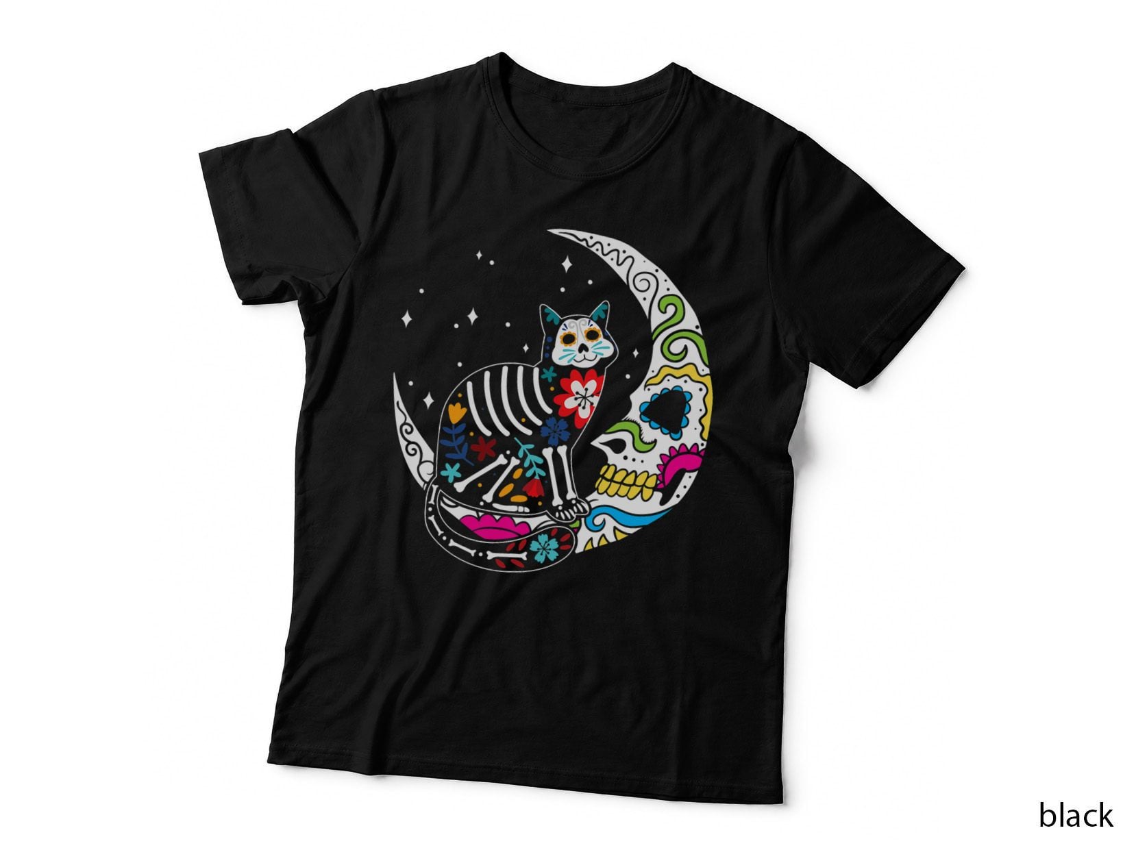 Sugar Skull Cat and Moon Clothing Men Women Day of the Dead T-Shirt