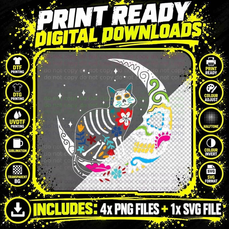 Sugar Skull Cat and Moon Clothing Men Women Day of the Png SVG Digital Bundle