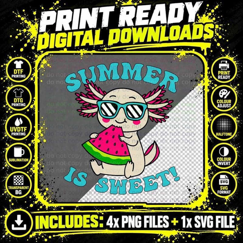 Summer Is Sweet Watermelon Cute Axolotl Lover T-Shirt Png SVG Digital Bundle
